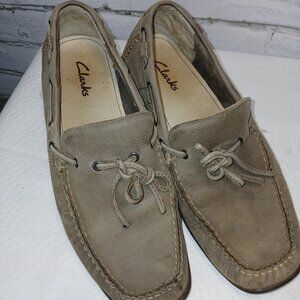 MENS CLARK ACTIVE AIR LEATHER BOAT SHOES, GRAY, SIZE 9.5, GOOD CONDITION